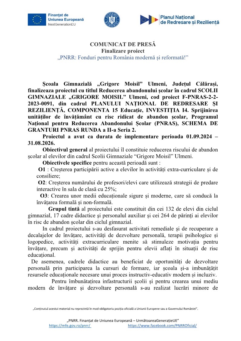 Comunicat de presa - Finalizare proiect - Reducerea abandonului școlar în cadrul SCOLII GIMNAZIALE „GRIGORE MOISIL”